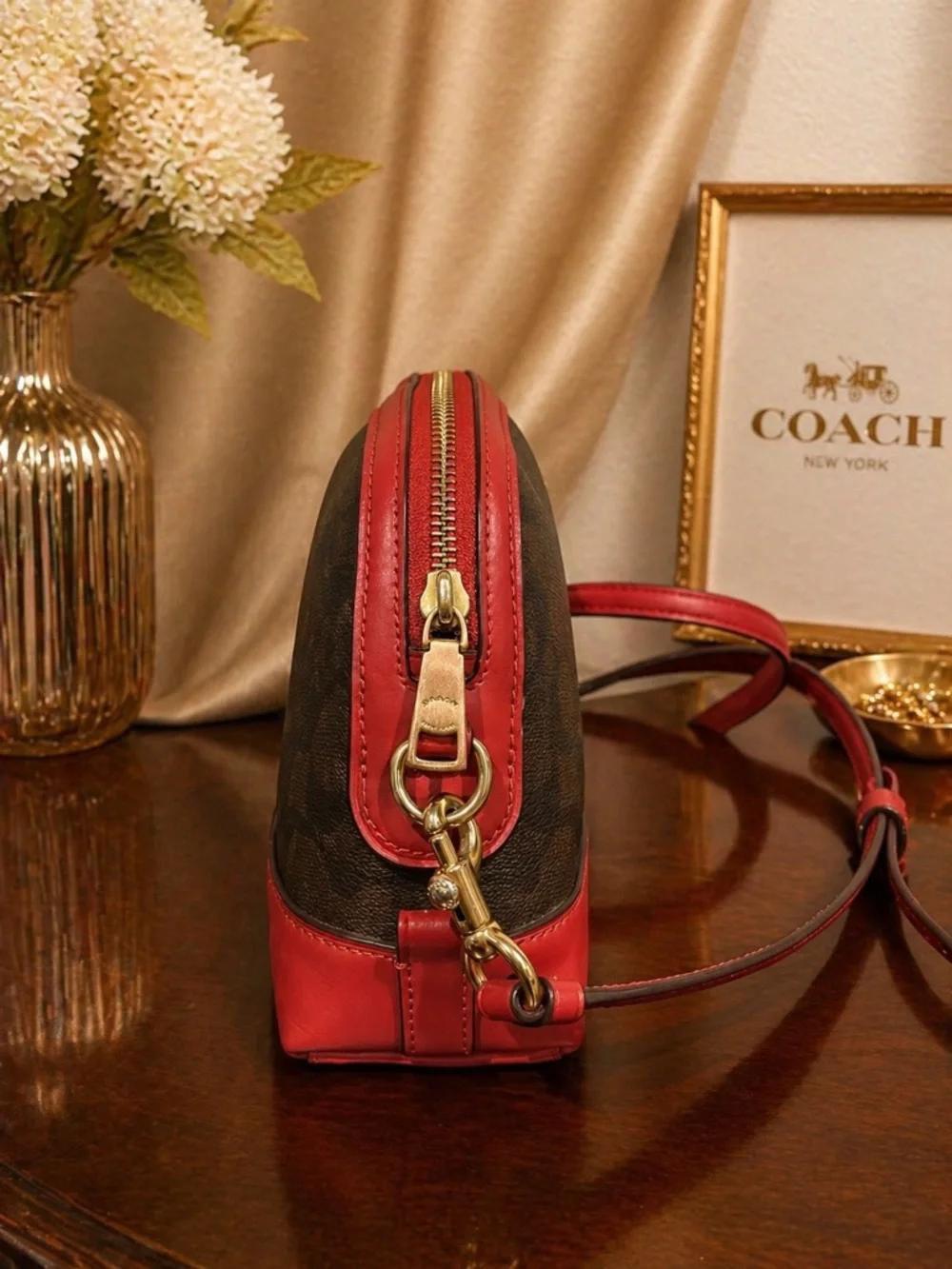 Coach Dome Crossbody in Signature Brown Coated Canvas & True Red Leather Trim - Picture 3 of 11